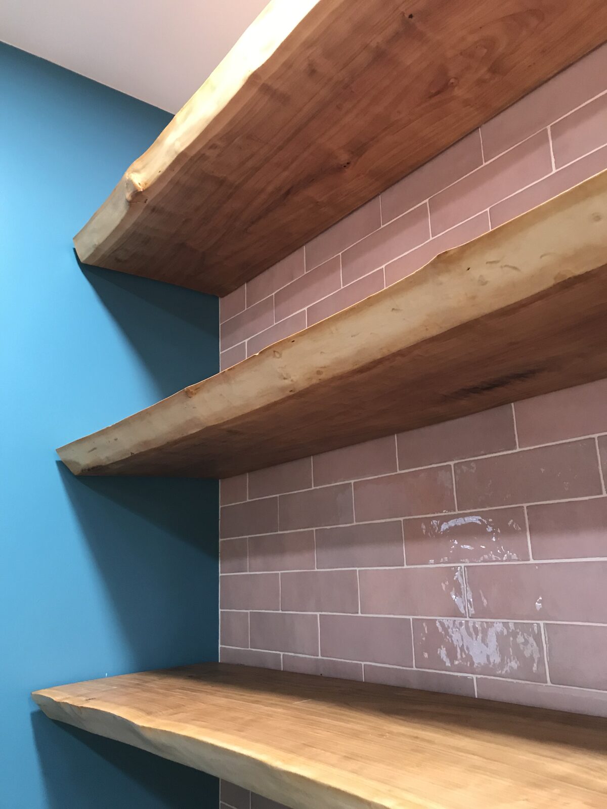 Live edge floating kitchen shelves